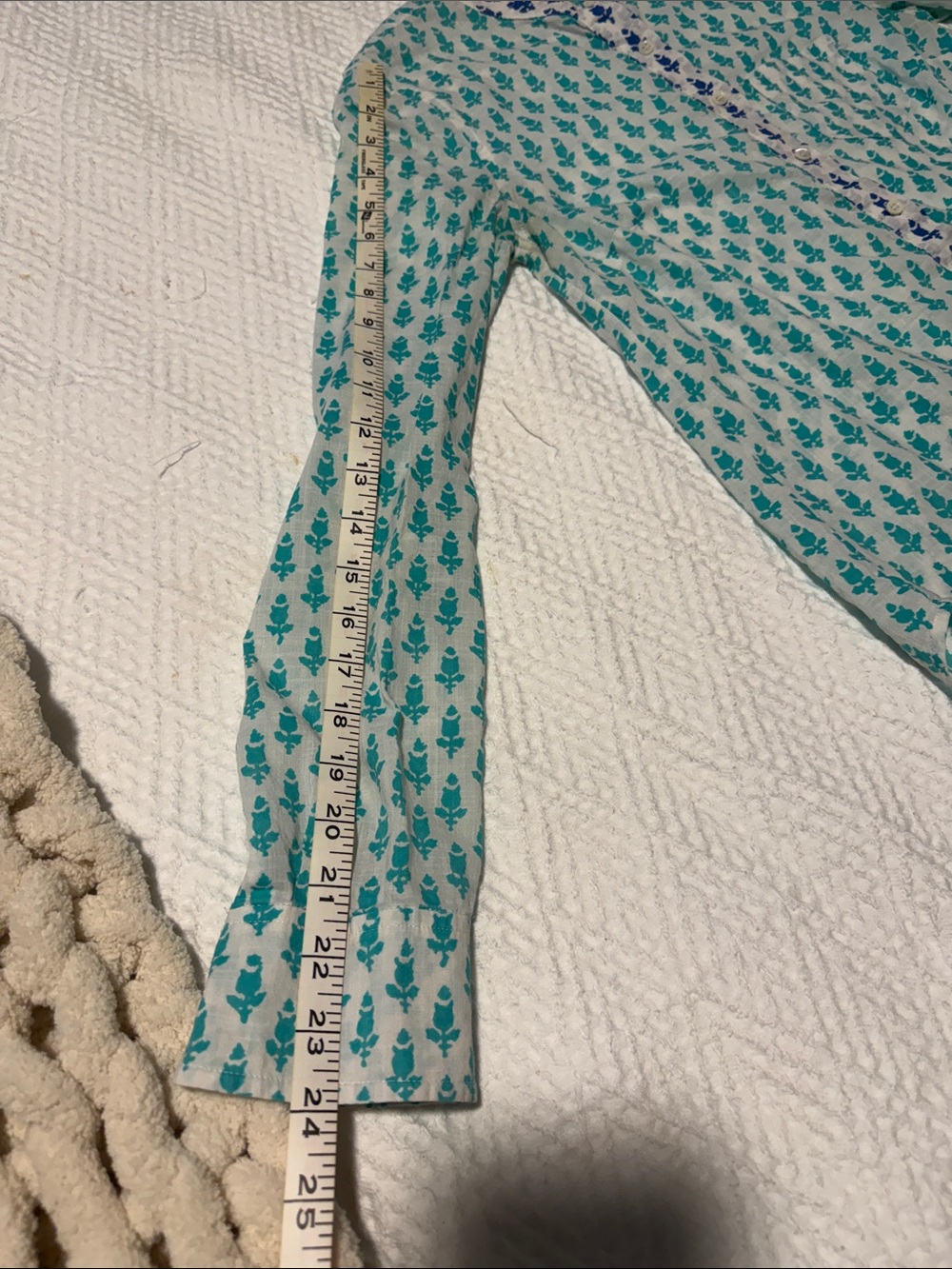 J. Crew White Button-Front Shirt with Teal Allover Print and Blue Trim - Picture 6 of 7